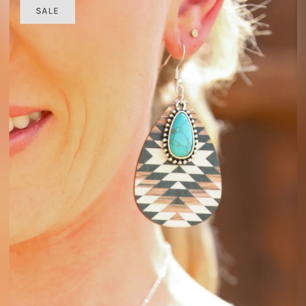 #46 | Aztec Black & Brown Teardrop Dangle Earrings with Turquoise Pendant. - Picture 3 of 5